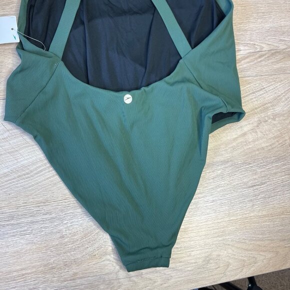 NWT Speedo Micro Ribbed Crossback One Piece Swimsuit High Cut Bottle Green L - Picture 8 of 11